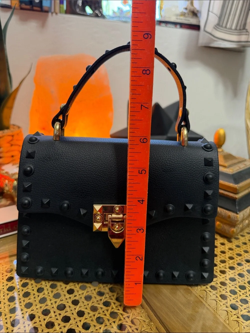 Black Studded Top Handle Satchel Purse Gold Turn Lock Rockstud Style